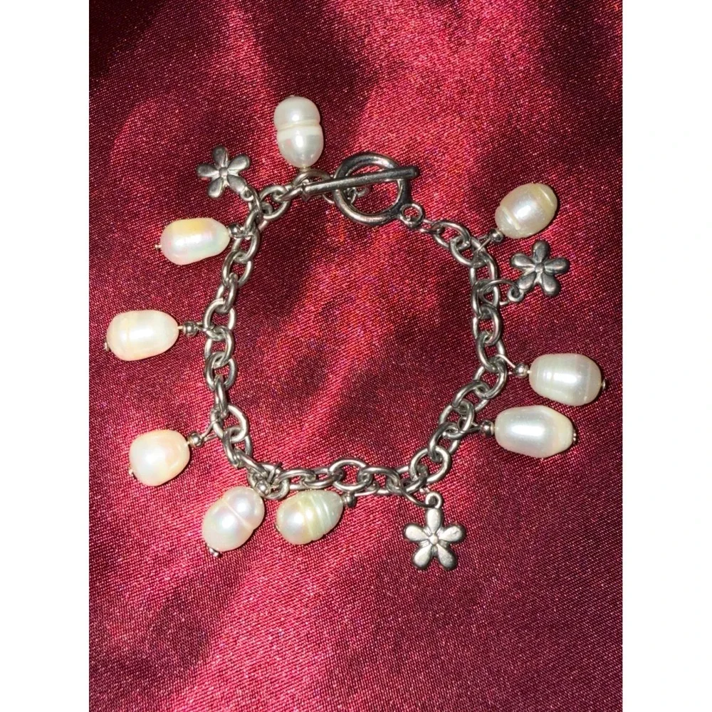 Silver Tone Freshwater Pearl Flower Charm Bracelet Toggle Clasp Cottagecore Boho